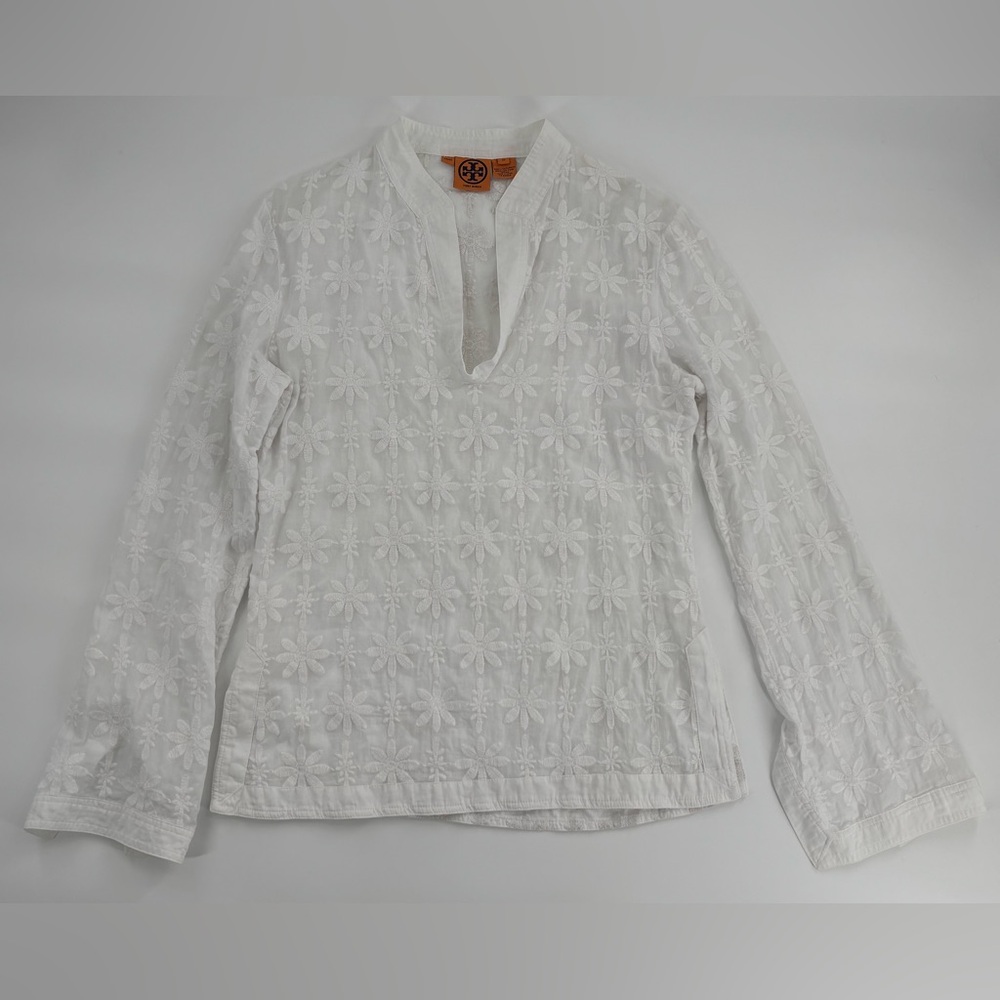 Tory Burch White Blouse Floral Embroidered Size 10